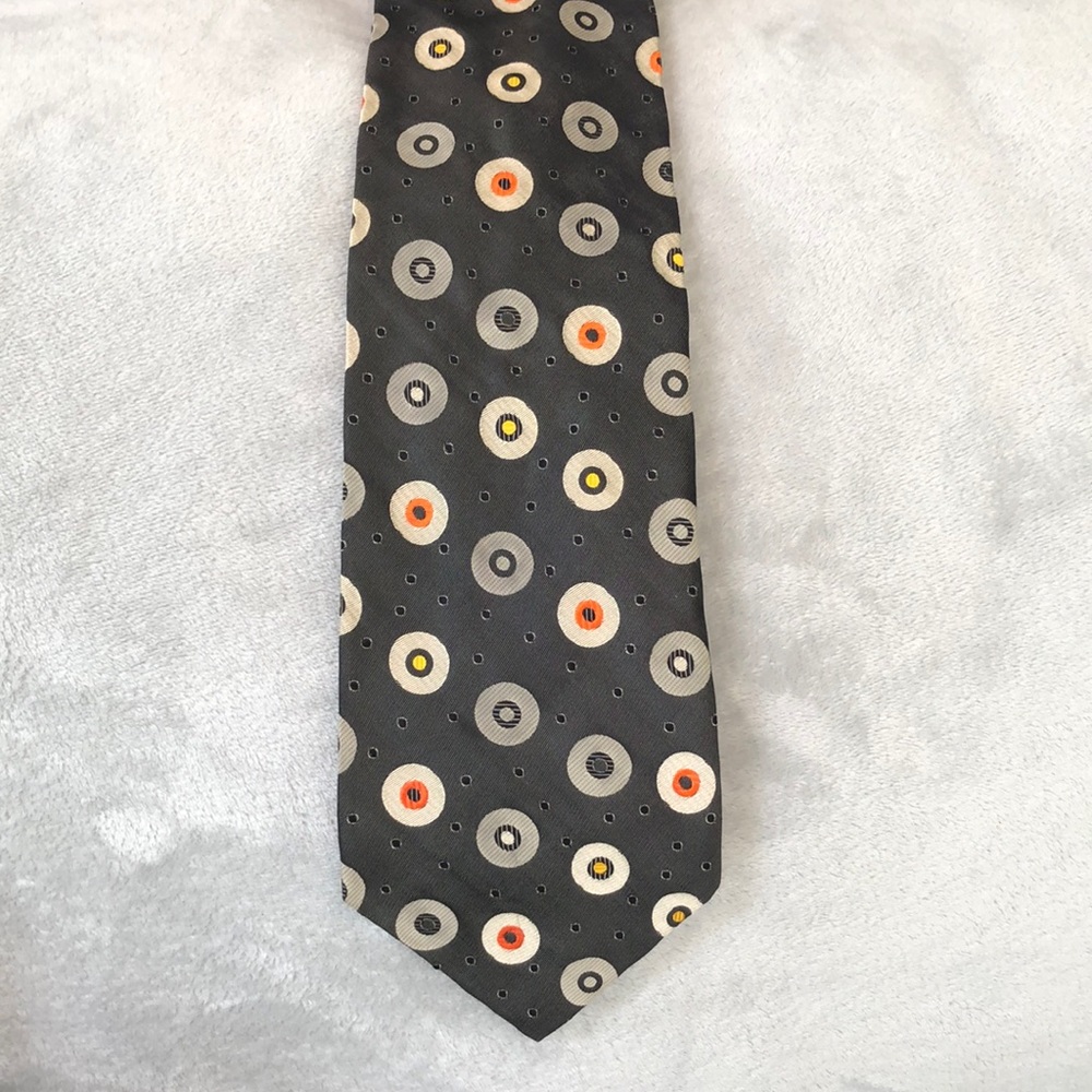 Hugo Boss vintage silk necktie graphite grey orange yellow circles dots fun